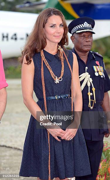 Catherine, Duchess of Cambridge arrives in Marau on their way to Tivanipupu on day 7 of their Diamond Jubilee Tour, on September 17, 2012 in Marau,...