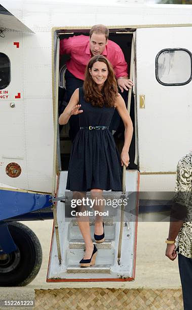 Catherine, Duchess of Cambridge and Prince William, Duke of Cambridge are seen arriving in Marau on their way to Tivanipupu on day 7 of their Diamond...