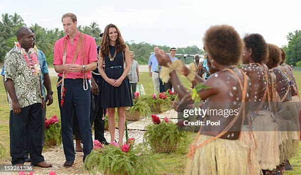 Catherine, Duchess of Cambridge and Prince William, Duke of Cambridge arrive in Marau on their way to Tivanipupu on day 7 of their Diamond Jubilee...