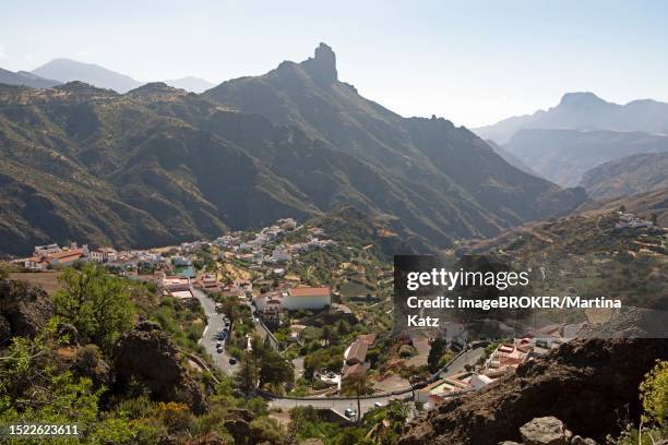 city view of tejeda, roque bentayga in the back, las palmas province, gran canaria, canary islands, spain - tejeda stock pictures, royalty-free photos & images