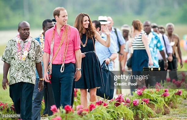 Prince William, Duke of Cambridge and Catherine, Duchess of Cambridge arrive in Honiara on their way to Tivanipupu on day 7 of their Diamond Jubilee...