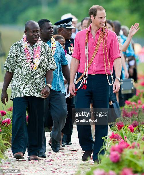 Prince William, Duke of Cambridge arrive in Honiara on their way to Tivanipupu on day 7 of their Diamond Jubilee Tour, on September 17, 2012 in...