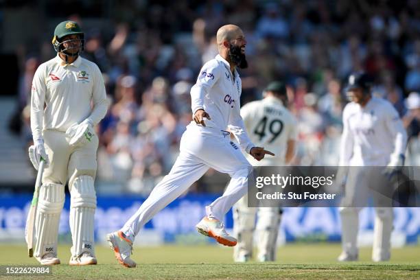 Moeen Ali of England celebrates dismissing Steve Smith of Australia during Day Two of the LV= Insurance Ashes 3rd Test Match between England and...