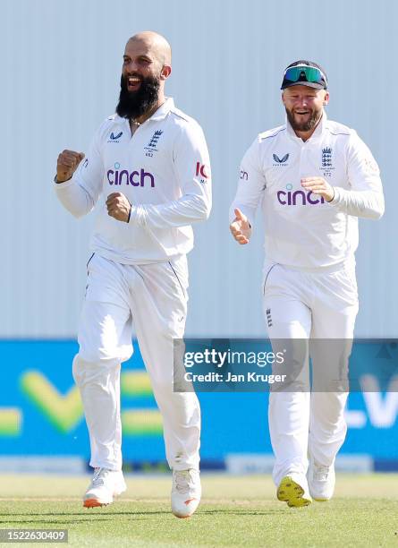 Moeen Ali of England celebrates dismissing Steve Smith of Australia during Day Two of the LV= Insurance Ashes 3rd Test Match between England and...