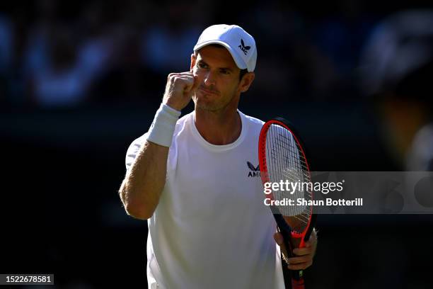 Andy Murray of Great Britain celebrates against Stefanos Tsitsipas of Greece in the Men's Singles second round match during day five of The...