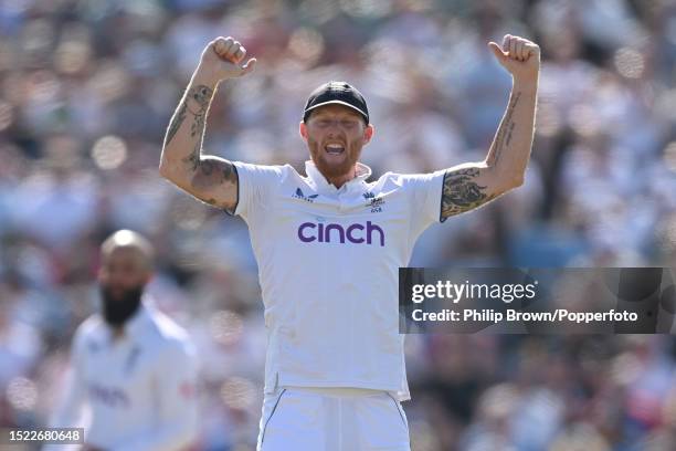 Ben Stokes of England reacts as Harry Brook catches Marnus Labuschagne of Australia during the second day of the 3rd Test match between England and...