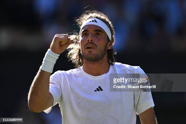 Stefanos Tsitsipas of Greece celebrates set point against Andy Murray of Great Britain in the Men's Singles second round match during day five of The...