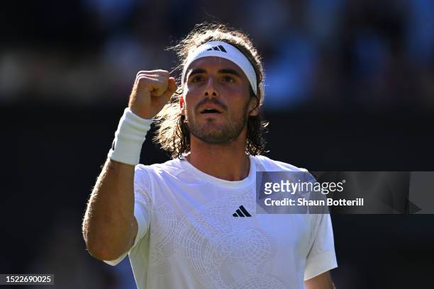 Stefanos Tsitsipas of Greece celebrates set point against Andy Murray of Great Britain in the Men's Singles second round match during day five of The...