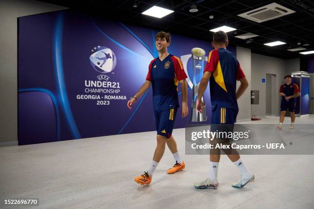 Juan Miranda of Spain walks in prior to the Spain training session ahead of the UEFA Under-21 Euro 2023 Final match between England and Spain at...