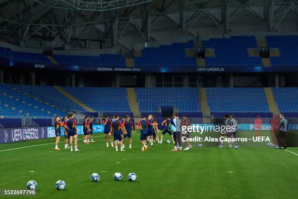 Spain players are seen in action during the Spain training session ahead of the UEFA Under-21 Euro 2023 Final match between England and Spain at...