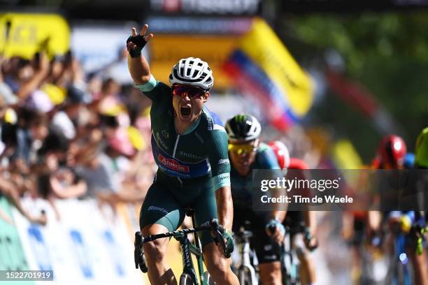 Jasper Philipsen of Belgium and Team Alpecin-Deceuninck - Green points jersey celebrates at finish line as stage winner during the stage seven of the...