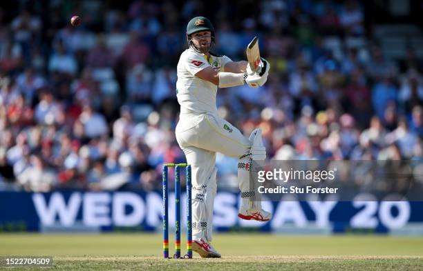 Travis Head of Australia hits out during Day Two of the LV= Insurance Ashes 3rd Test Match between England and Australia at Headingley on July 07,...