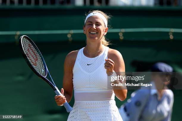 Victoria Azarenka celebrates after winning match point against Daria Kasatkina following the Women's Singles third round match during day five of The...