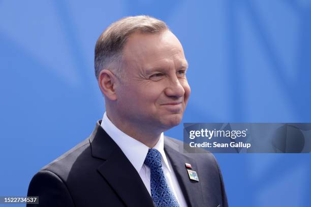 President of Poland Andrzej Duda speaks to the media on the first day of the 2023 NATO Summit on July 11, 2023 in Vilnius, Lithuania. The summit is...