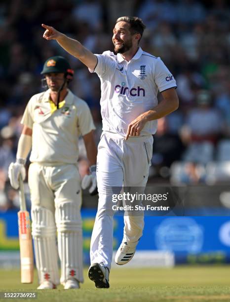 Chris Woakes of England celebrates after dismissing Usman Khawaja of Australia during Day Two of the LV= Insurance Ashes 3rd Test Match between...