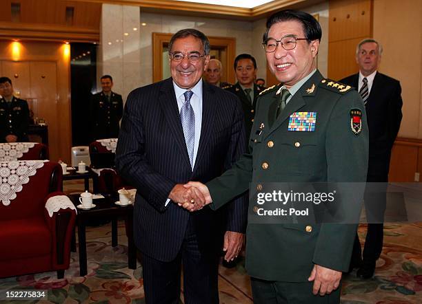 Secretary of Defense Leon Panetta meets with China's Vice Chairman of the Central Military Commission Gen. Xu Caihou at the Bayi Building on...