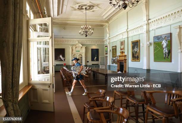 Natalie Sciver-Brunt of England walks through the Long Room to attend a nets session prior to the Women's Ashes 3rd Vitality IT20 match between...