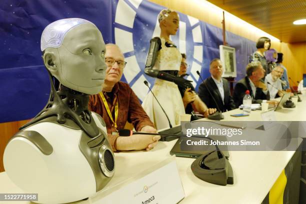 Human shaped robot Ameca , beside of Will Jackson, CEO and founder of British manufacturer Engineered Arts, addresses the media during a press...