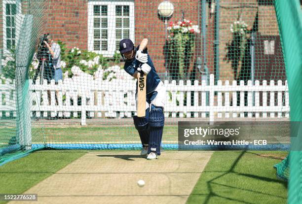 Amy Jones of England bats during a nets session prior to the Women's Ashes 3rd Vitality IT20 match between England and Australia at Lord's Cricket...