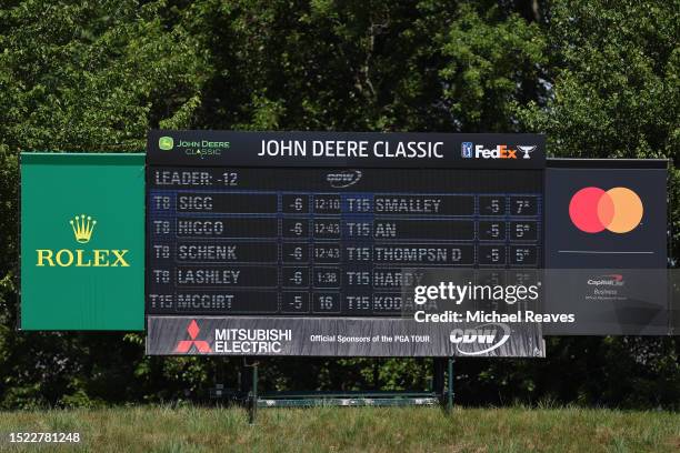 The Mastercard and Capital One scoreboard is seen along the course during the second round of the John Deere Classic at TPC Deere Run on July 07,...