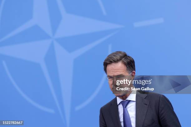 Outgoing Dutch Prime Minister Mark Rutte speaks to the media on the first day of the 2023 NATO Summit on July 11, 2023 in Vilnius, Lithuania. The...