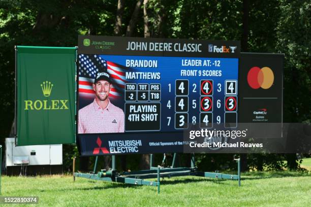 The Mastercard and Capital One scoreboard is seen along the course during the second round of the John Deere Classic at TPC Deere Run on July 07,...