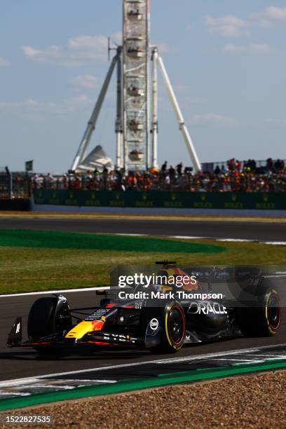 Max Verstappen of the Netherlands driving the Oracle Red Bull Racing RB19 on track during practice ahead of the F1 Grand Prix of Great Britain at...