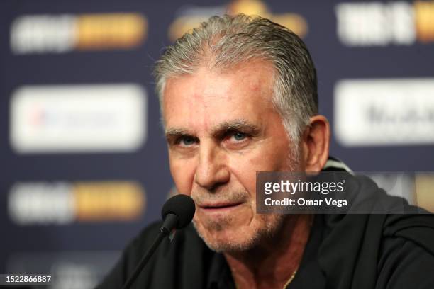 Head coach Carlos Queiroz of Qatar speaks during a press conference ahead of the 2023 Concacaf Gold Cup match against Panama at AT&T Stadium on July...