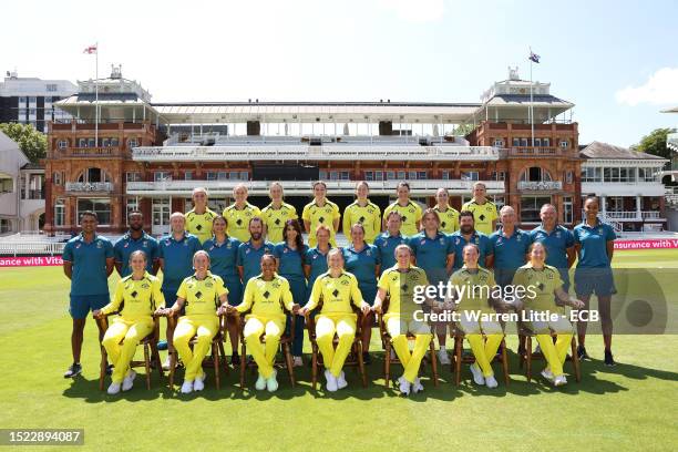 The Australian team and staff pose for a picture during a nets session prior to the Women's Ashes 3rd Vitality IT20 match between England and...