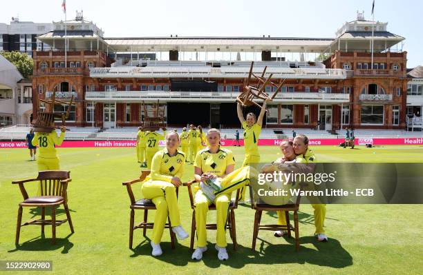 Alyssa Healy, Tahlia McGrath, Megan Schutt and Jess Jonassen of Australia pose for picture during a nets session prior to the Women's Ashes 3rd...