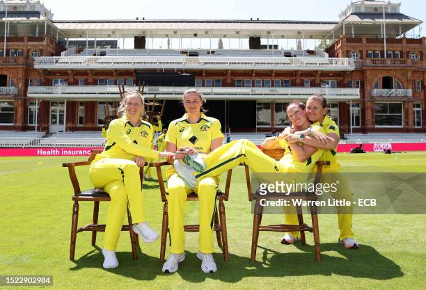 Alyssa Healy, Tahlia McGrath, Megan Schutt and Jess Jonassen of Australia pose for picture during a nets session prior to the Women's Ashes 3rd...