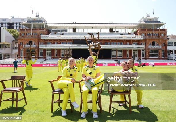 Alyssa Healy, Tahlia McGrath, Megan Schutt and Jess Jonassen of Australia pose for picture during a nets session prior to the Women's Ashes 3rd...