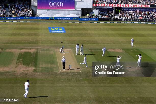 General view as Moeen Ali and Ben Stokes of England celebrates after taking the wicket of Marnus Labuschagne of Australia during Day Two of the LV=...