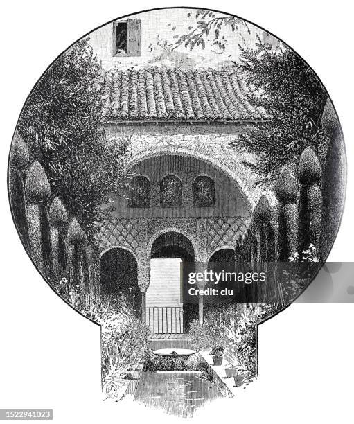 stockillustraties, clipart, cartoons en iconen met granada, garden of the alhambra - alhambra spanje
