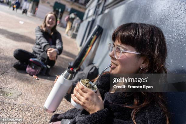 Student drinks mate using bottled water due to the high salinity from tap water on July 07, 2023 in Canelones, Uruguay. The country faces its worst...