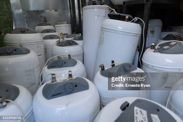Detail of a water heaters at a repair shop as a demand in their repairs surges due to the high salinity in the tap water which causes damages to the...