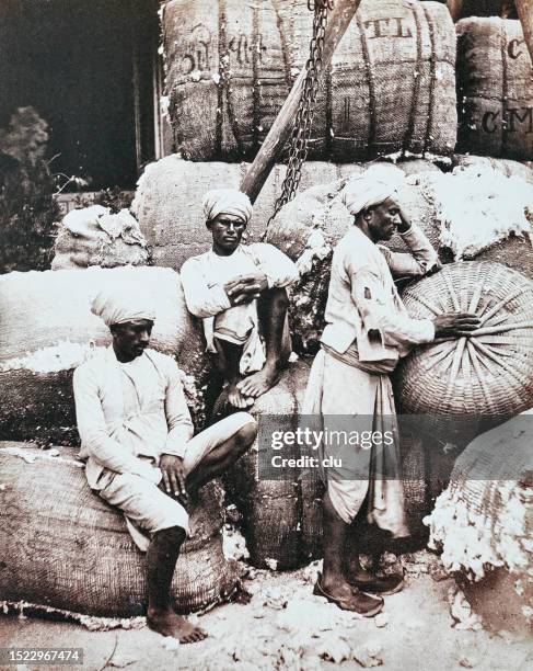 bombay, three men on cotton balls, 1856 - mumbai stock illustrations