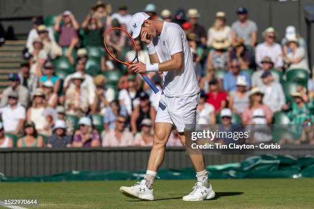 Andy Murray of Great Britain reacts during his five-set loss against Stefanos Tsitsipas of Greece in the Gentlemen's Singles second-round match on...