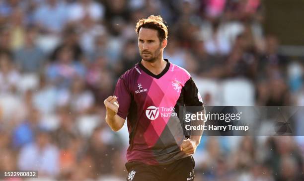Lewis Gregory of Somerset celebrates the wicket of Samit Patel of Notts Outlaws during the Vitality Blast T20 Quarter-Final match between Somerset...