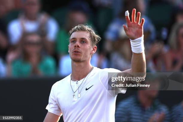 Denis Shapovalov of Canada celebrates winning match point against Liam Broady of Great Britain in the Men's Singles third round match during day five...