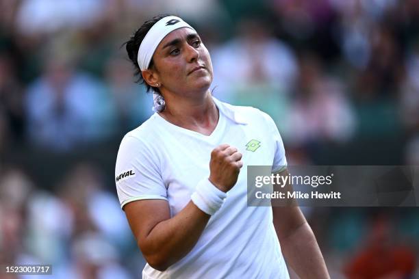 Ons Jabeur of Tunisia celebrates winning match point against Zhuoxuan Bai of People's Republic of China in the Women's Singles second round match...