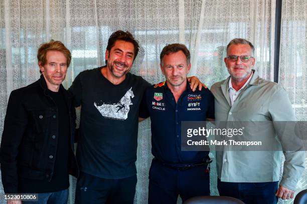 Red Bull Racing Team Principal Christian Horner poses for a photo with Jerry Bruckheimer, producer of the upcoming Formula One based movie, Apex,...