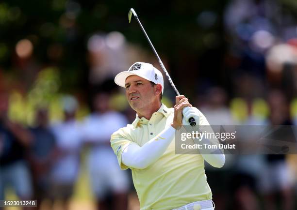 Sergio Garcia of Spain takes a shot from the 4th fairway during day one of LIV Golf - London at The Centurion Club on July 07, 2023 in St Albans,...