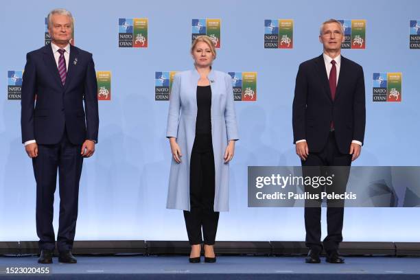 President of Lithuania, Gitanas Nauseda, President of Slovakia Zuzana Čaputová and NATO Secretary General Jens Stoltenberg pose for a photograph on...