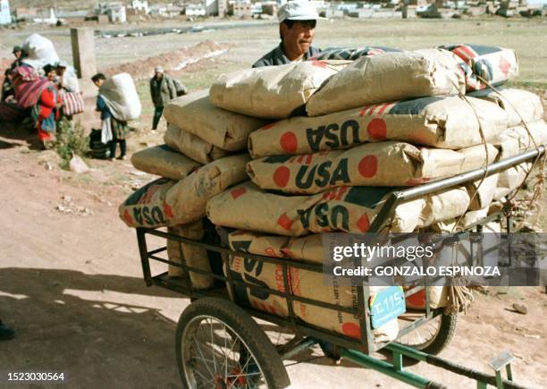 Bolivian smuggler prepares to cross the border with Peru 23 October in hopes of selling flour donated by the United States and to be sold illegally...