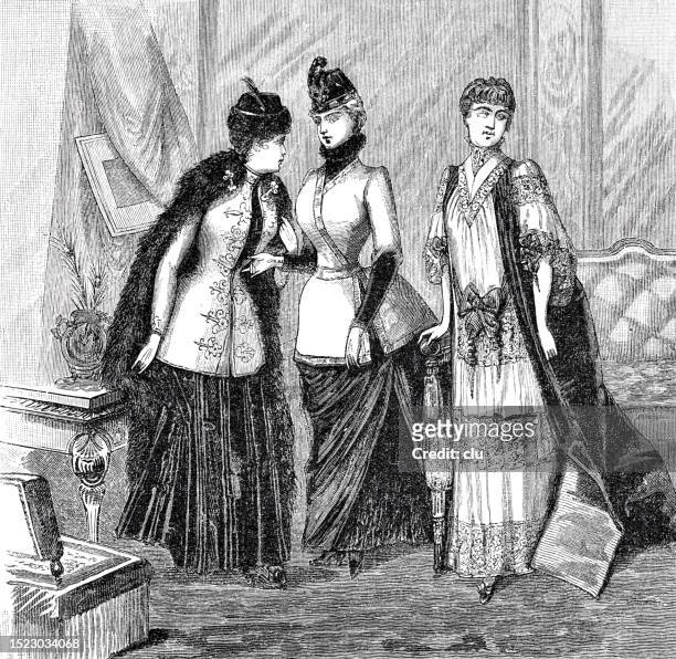 fashion, three female models in st. petersburg dresses, standing in a salon - female model long dress stock illustrations