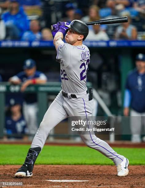 Nolan Jones of the Colorado Rockies bats during the eighth inning against the Kansas City Royals on June 2, 2023 in Kansas City, Missouri.