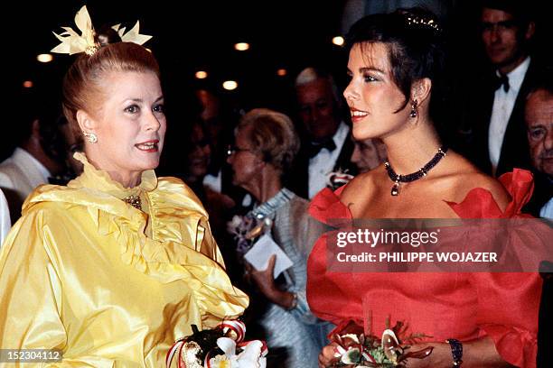 Photo taken on August 1981 shows princess Grace of Monaco and her daughter princess Caroline taking part at the "bal de la rose" organized in the...