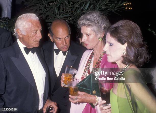 Businessman Gianni Agnelli and wife Marella Agnelli and fashion designer Oscar de la Renta and wife Annette Reed attend Malcolm Forbes' 70th Birthday...