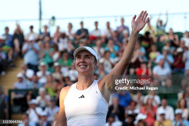 Elina Svitolina of Ukraine celebrates winning match point against Sofia Kenin of United States in the Women's Singles third round match during day...